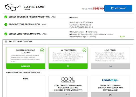 CoolFrames.com Lens Ordering Flow